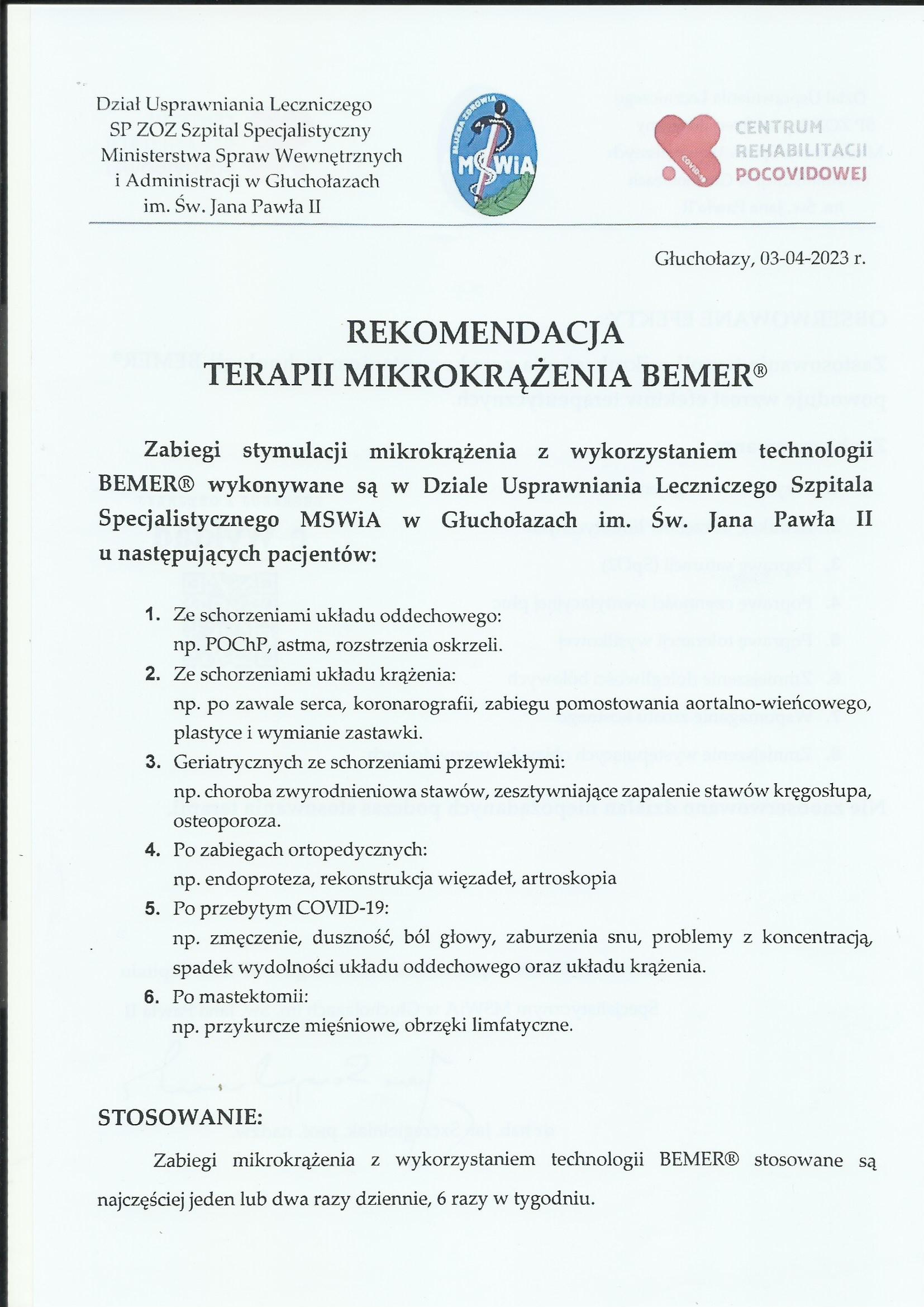 Zdjęcie do wpisu: Rekomendacja szpitala dla terapii mikrokrazenia BEMER