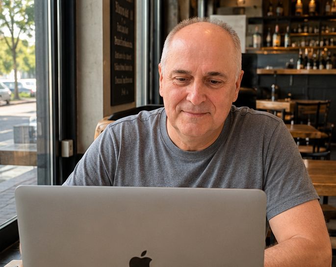 Waldemar Sadziński pracujący przy laptopie w kawiarni
